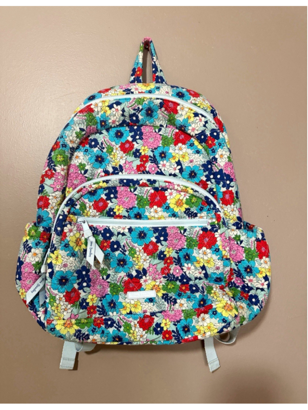 Vera Bradley Quilted Floral Multicolor Backpack Zip Lined Light Blue Lining